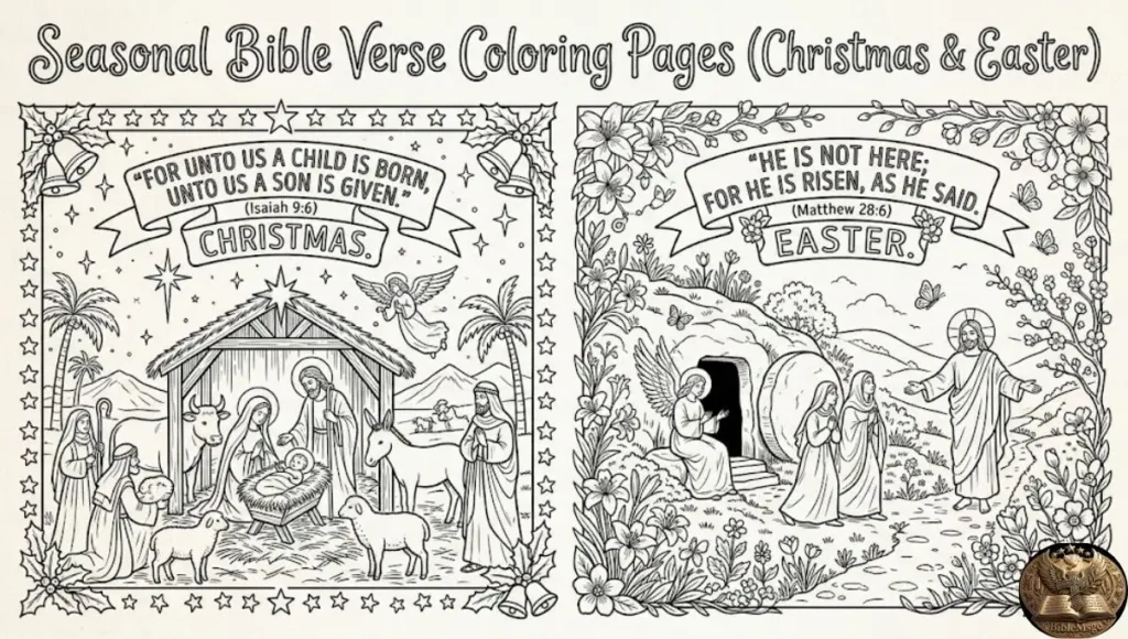 Seasonal Bible Verse Coloring Pages (Christmas and Easter)